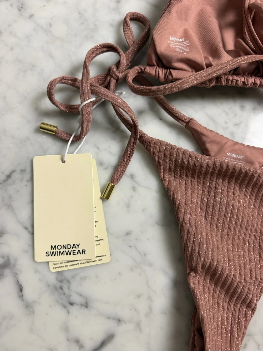 Monday Swimwear Ribbed Mauve Tie Triangle Bikini Set